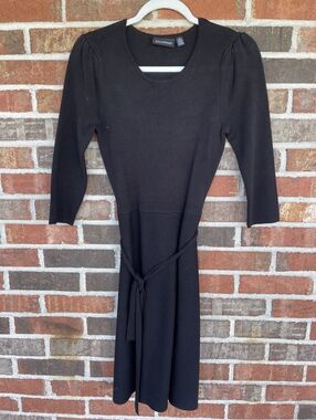 Nina Leonard Black Midi Knit Dress with Tie Belt & 3/4 Sleeves Size Small